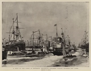 Ein Besuch der Flotte in Spithead, Ausflugsdampfer passieren zwischen den Linien